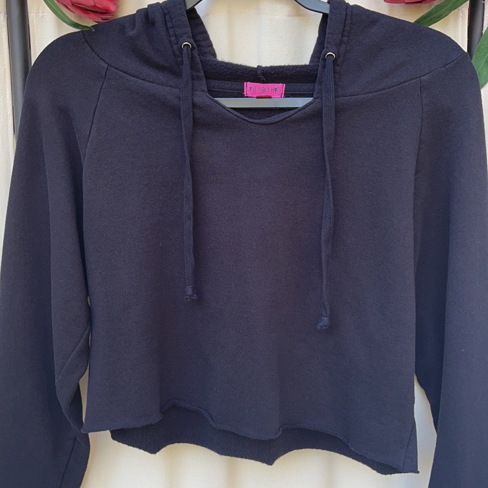 ❗️DONATED❗️ BLACK DISTRESSED CROP TOP PULLOVER HOODIE SMALL - Picture 2 of 10